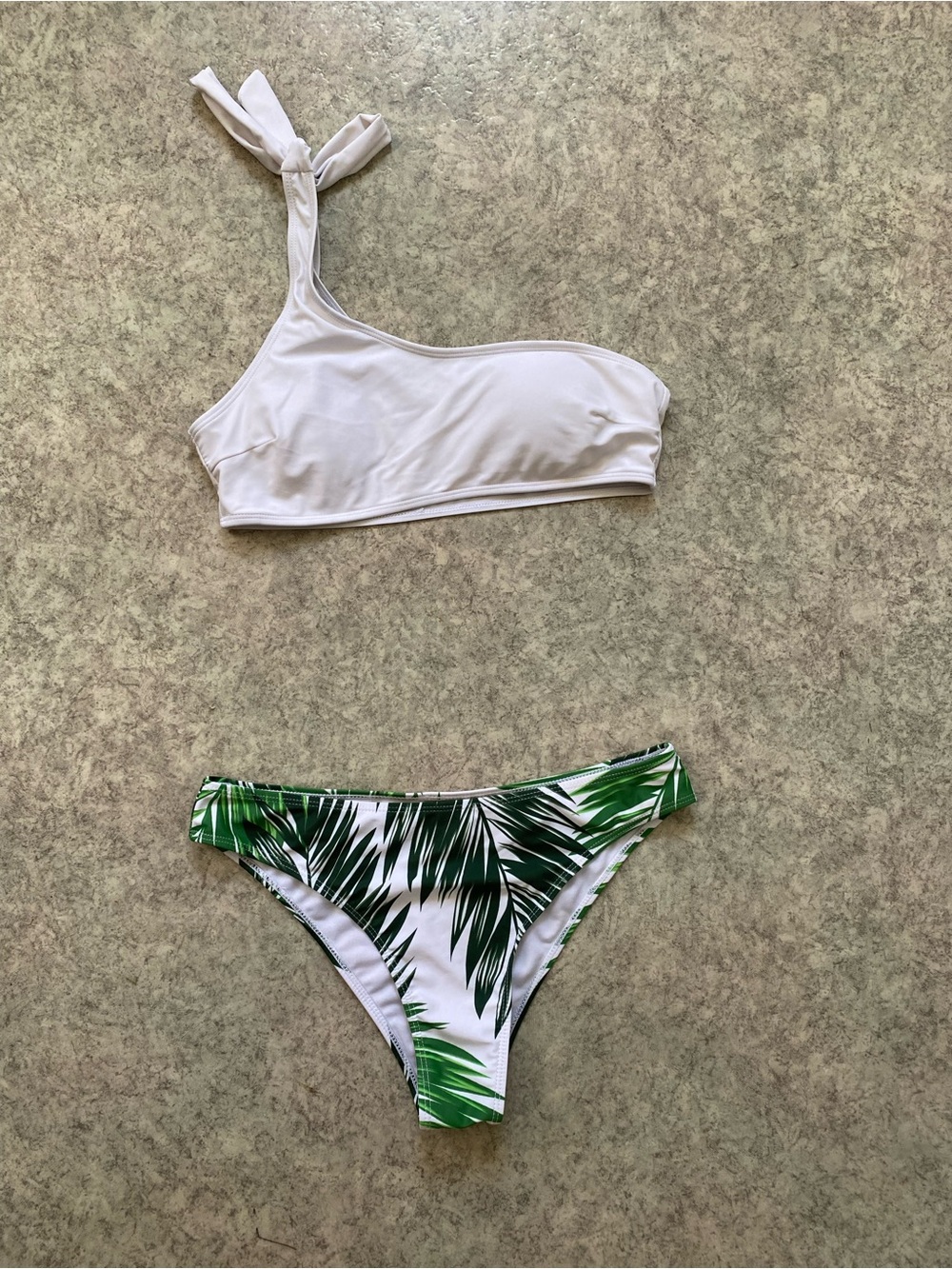 One-Shoulder White Bikini Top with Green Palm-Print Bikini Bottom and skirt